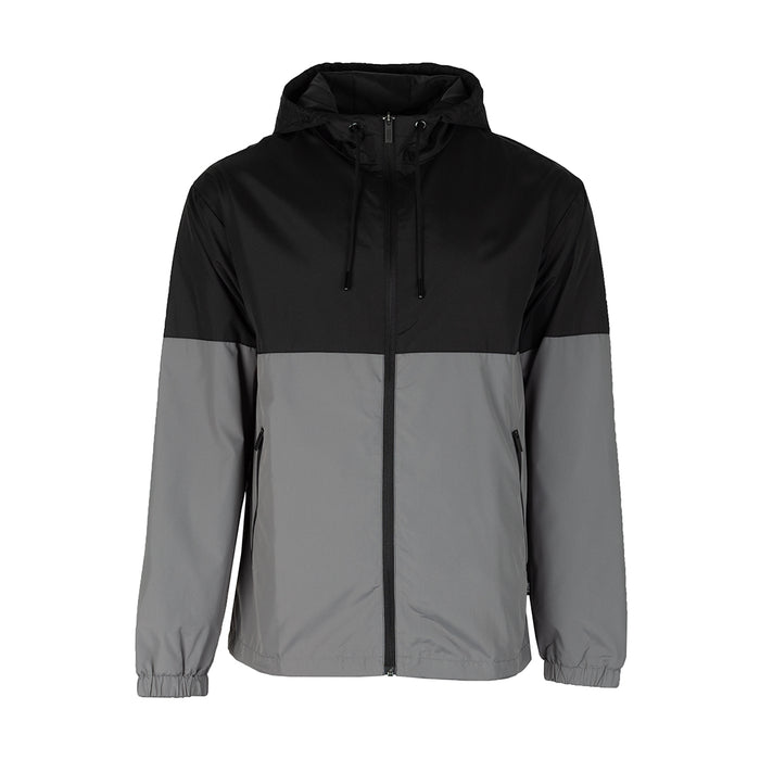 Mens colorblock windbreaker jacket, black and light gray with full zipper and hood