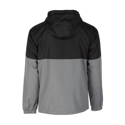 Mens windbreaker jacket back view, black top and gray colorblock with hood