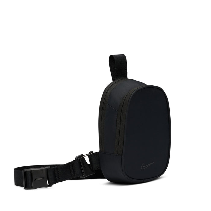 Black crossbody sling bag with adjustable strap and front oval zip pocket
