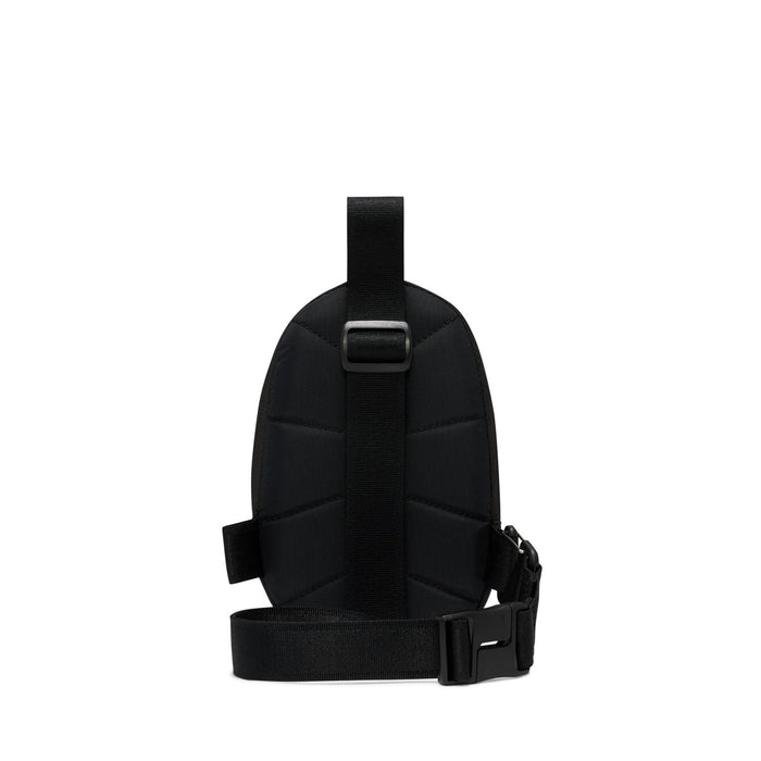 Black crossbody sling bag back panel with carry handle and adjustable strap