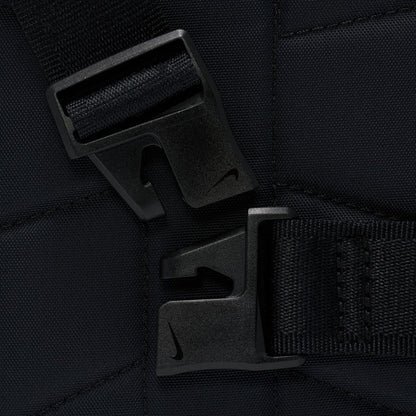 Closeup of black bag strap buckle and zipper pull hardware