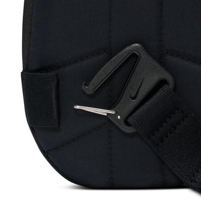 Closeup of strap clip and zipper pull on black crossbody bag