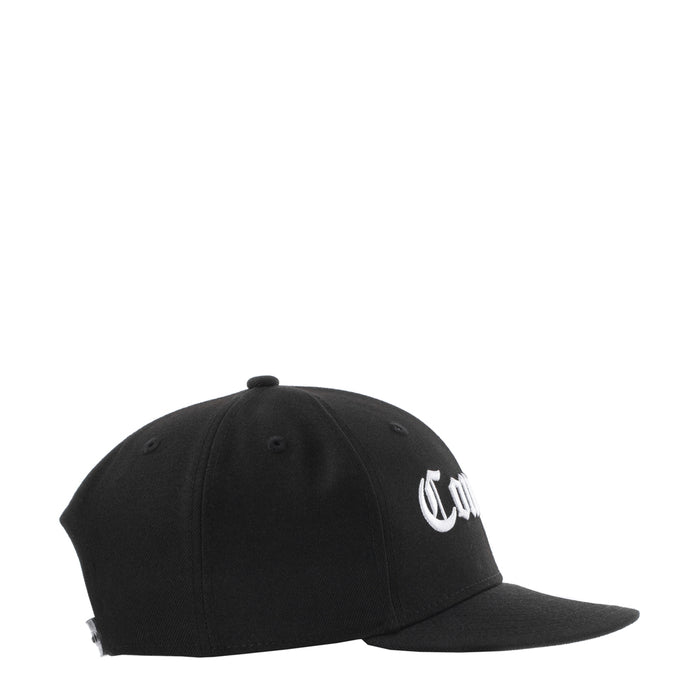 Black baseball cap with small white side logo and curved brim, low-profile fit