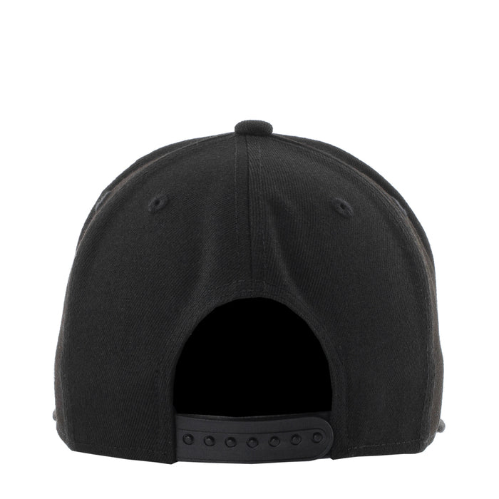 Black baseball cap back view with adjustable snapback strap and ventilation eyelets