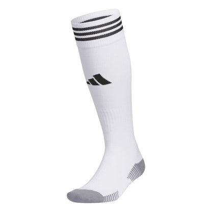 White crew sports sock with black stripes, gray cushioned sole and heel