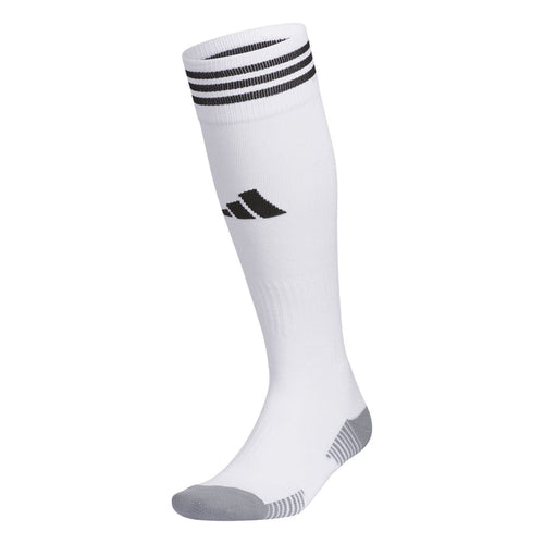 White crew sports sock with black stripes, gray cushioned sole and heel