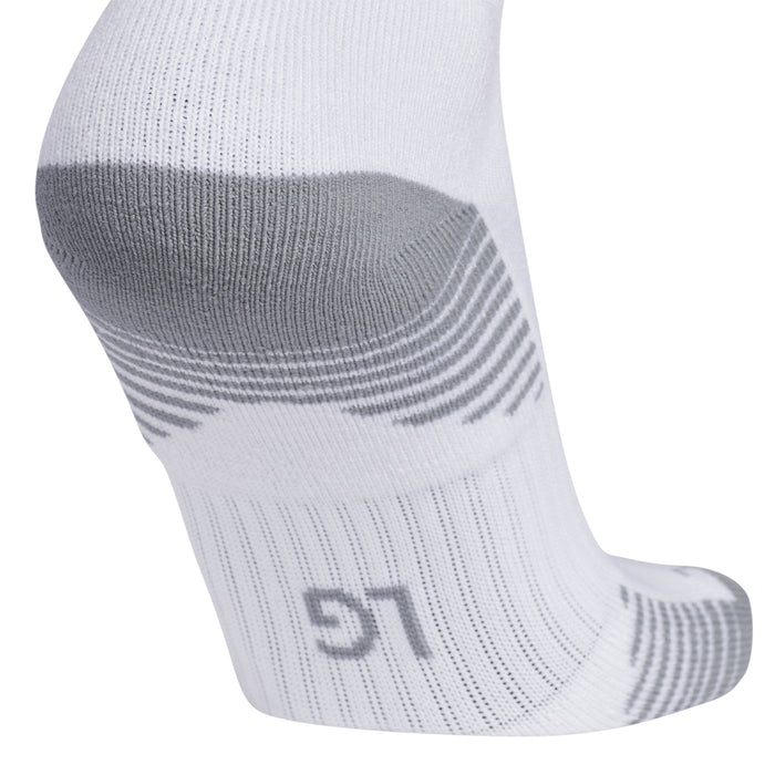 White crew sock with gray arch padding and black logo