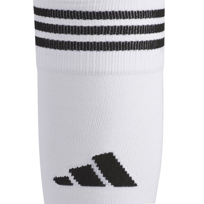 White OTC crew sock with black ribbed stripes and black logo