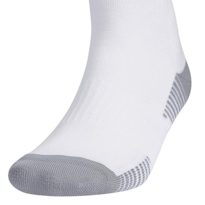 White crew sock with gray heel pad and striped ribbed pattern on the ankle