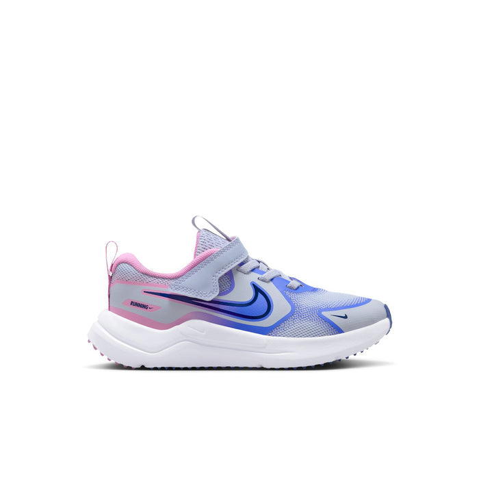 Kids running shoes in light blue with pink accents and blue Nike swoosh, lace-up.