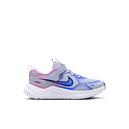 Kids running shoes in light blue with pink accents and blue Nike swoosh, lace-up.