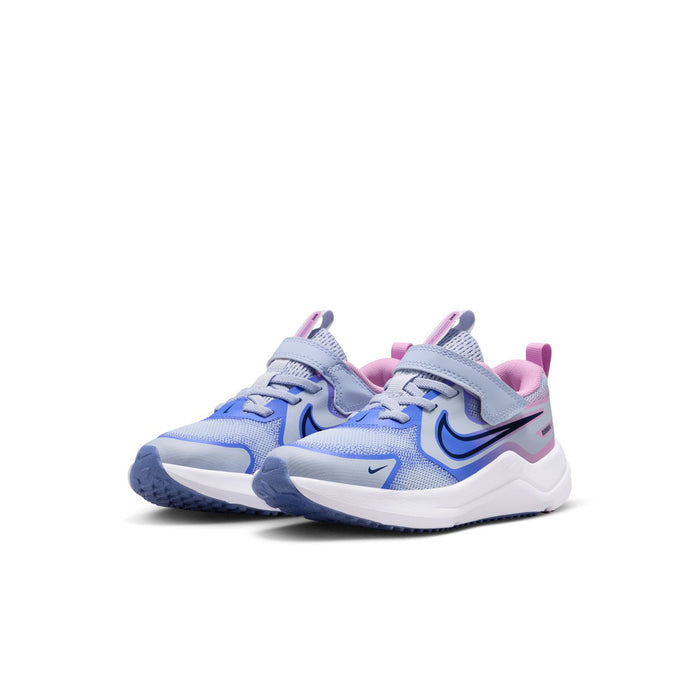 Kids running shoes, light blue and navy blue with pink collar, lace-up, thick sole.