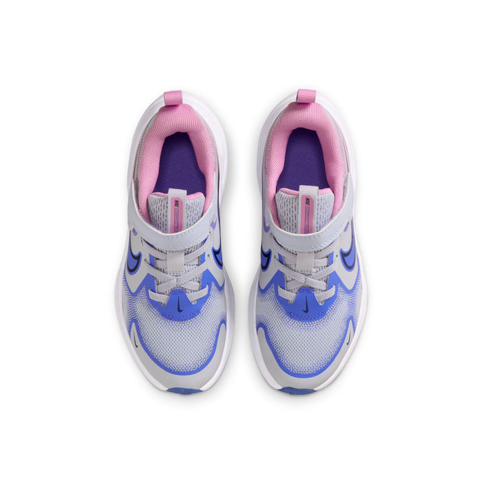 Kids running shoe pair with light blue mesh uppers, pink padded tongues, lace-up.