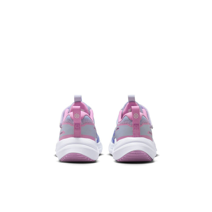 Kids running shoe heels with pink and blue detailing, cushioned collar, rubber sole.