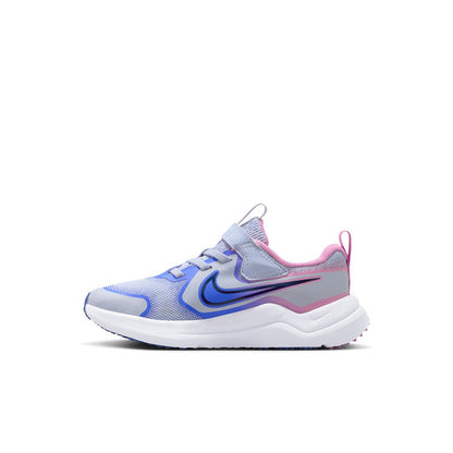Kids running shoe side view in light blue, white, and pink with Nike swoosh, lace-up.