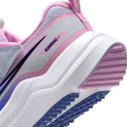 Kids running shoe side and sole detail with 'RUNNING' strap and pink heel.
