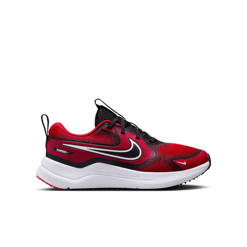 Youth red, black & white running shoes with Nike swoosh and lace-up design