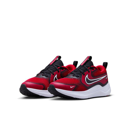 Youth red and black lace-up running shoes with white midsoles and swoosh accents