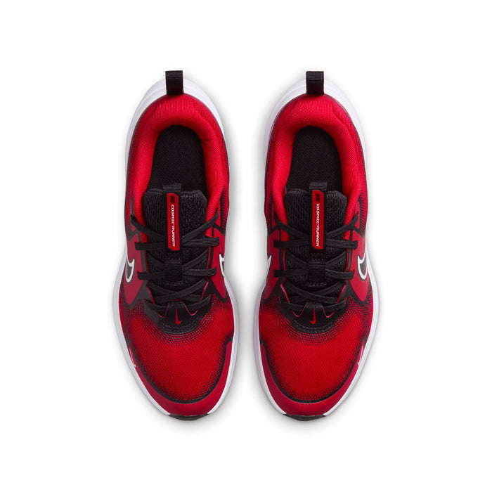 Pair of youth red running shoes with black tongue labels and padded collar