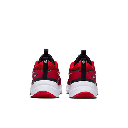 Youth red running shoes with black heel overlays and white midsole cushioning
