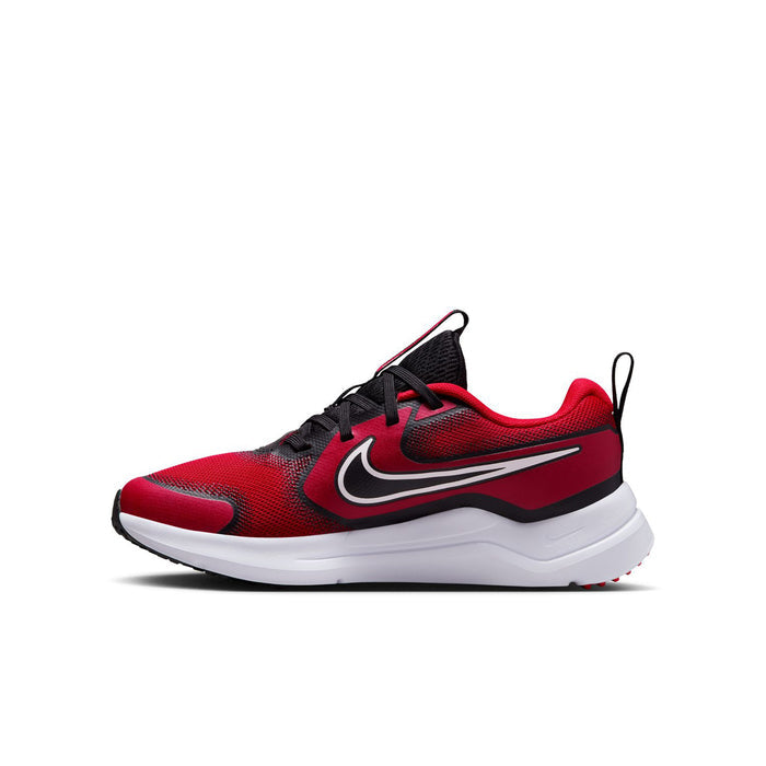 Youth red, black & white low-profile running shoe with curved swoosh detail