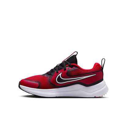 Youth red, black & white low-profile running shoe with curved swoosh detail