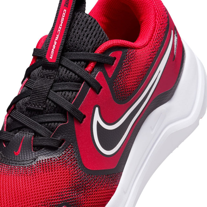 Close-up youth red knit upper with black laces and white/gray swoosh stripe