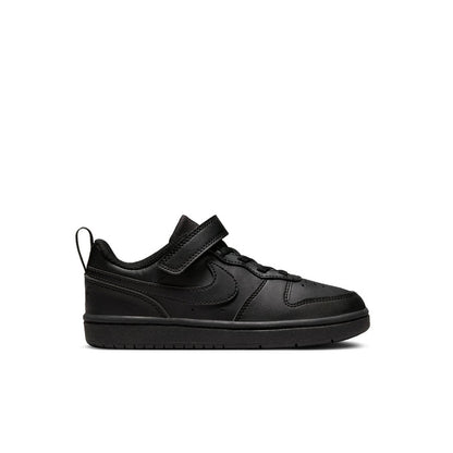 Kids black low-top sneakers with hook-and-loop strap and lace-up design