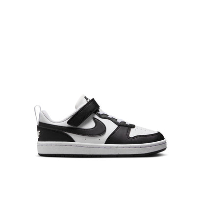 Kids low-top sneakers in white with black overlays and Nike swoosh, hook-and-loop strap