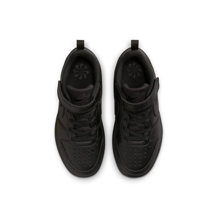 Pair of kids black low-top sneakers, top view, padded collar with laces