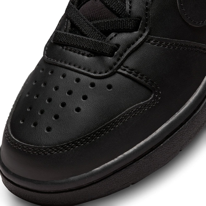 Black sneaker toe and lace area with perforations and stitched overlays