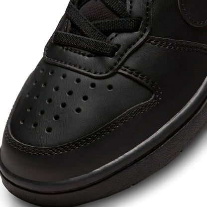 Black sneaker toe and lace area with perforations and stitched overlays
