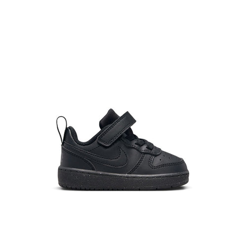 Toddler black low-top sneakers with hook-and-loop strap and lace-up detail