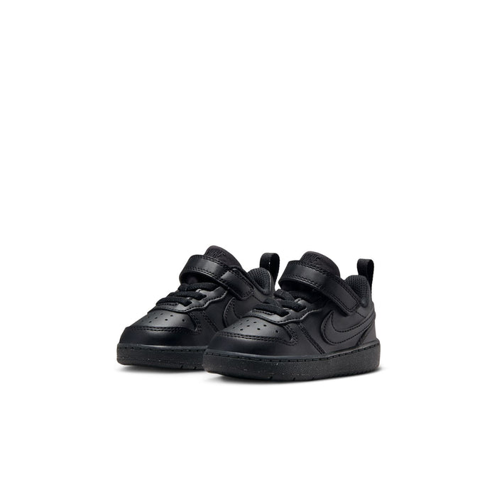 Toddler black low-top sneakers, double strap closure and stitched panels