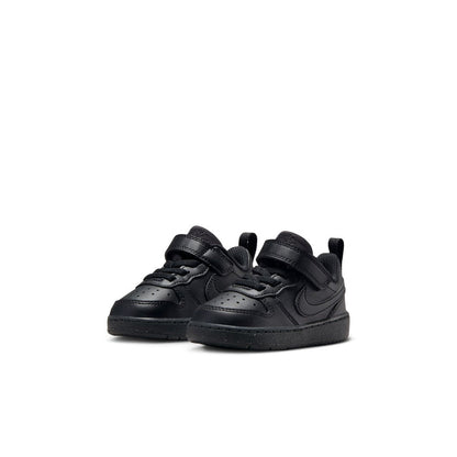 Toddler black low-top sneakers, double strap closure and stitched panels