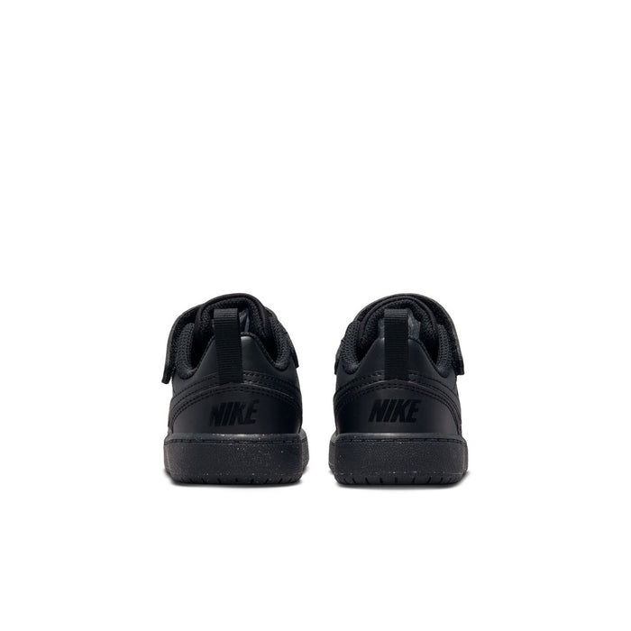 Toddler black low-top sneakers, rear view with NIKE logo and rubber sole