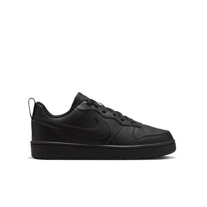 Youth black low-top sneaker with Nike swoosh and lace-up front