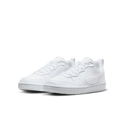 Youth white low-top sneakers, double view with Nike swoosh and lace-up