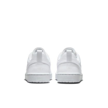 Youth white low-top sneakers, heel view with padded collar and lace-up