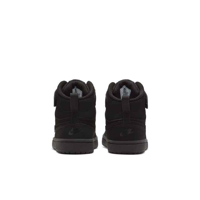 Kids black mid-top sneakers, rear view with heel tab and strap detail
