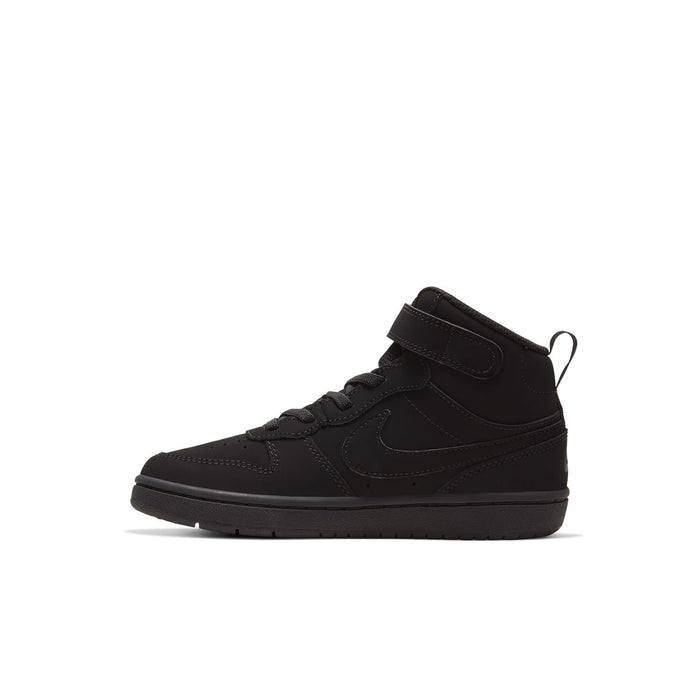 Kids black mid-top sneakers, angled side view with strap and swoosh