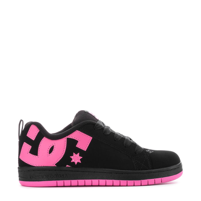 Youth black court sneaker with pink logo, star, and stripe sole