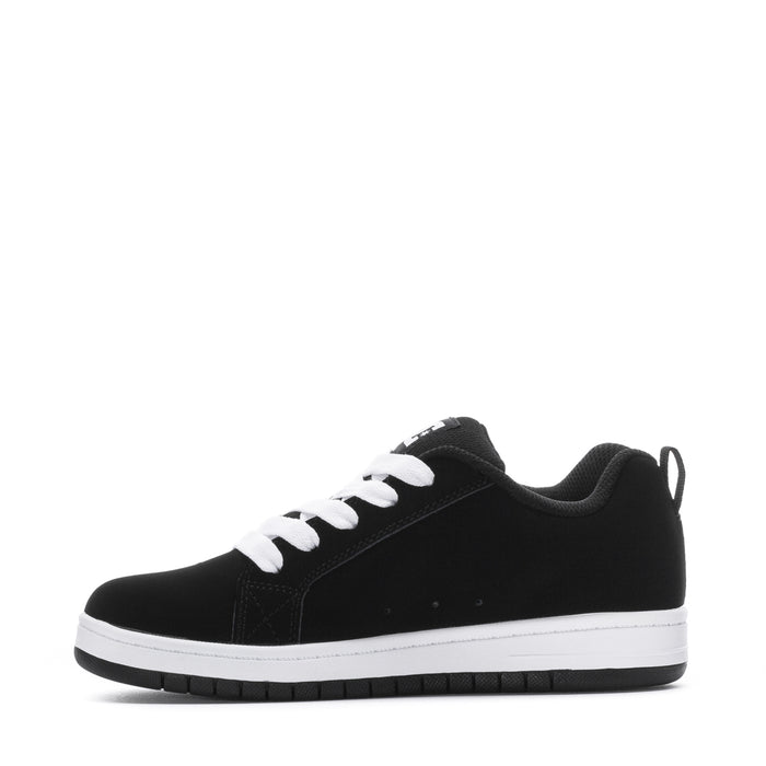 Youth black low-top sneakers with white laces and white cupsole trim