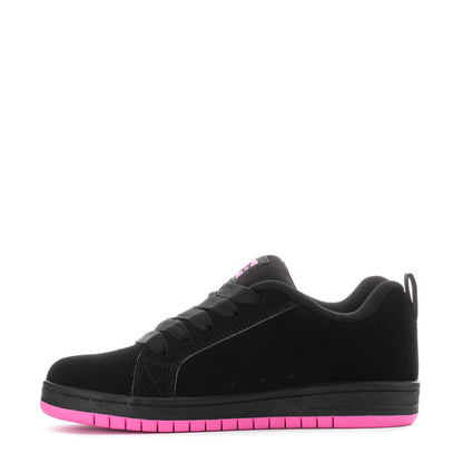 Youth black court sneaker with pink side stripe and lace-up front