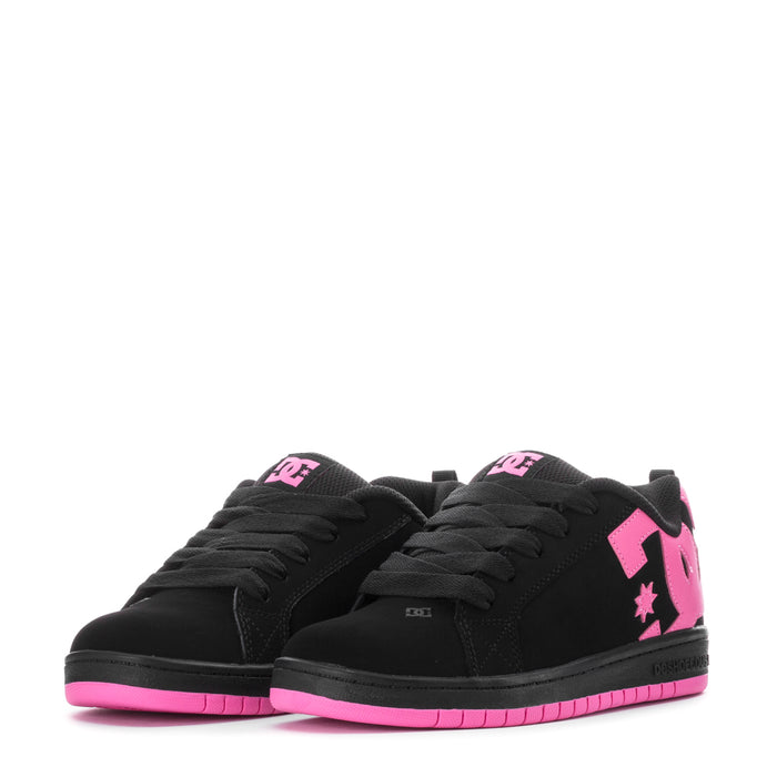 Youth black court sneakers with pink accents and star logos, pair front view