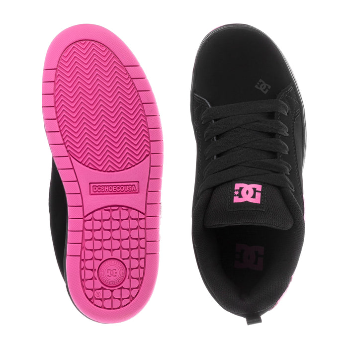 Youth black sneaker outsole and logo detail with pink tread