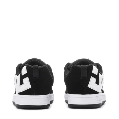 Youth black low-top sneakers with white heel logos and white midsole