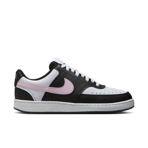 Low-top sneakers in black, white, and pink foam accents, white laces and side swoosh