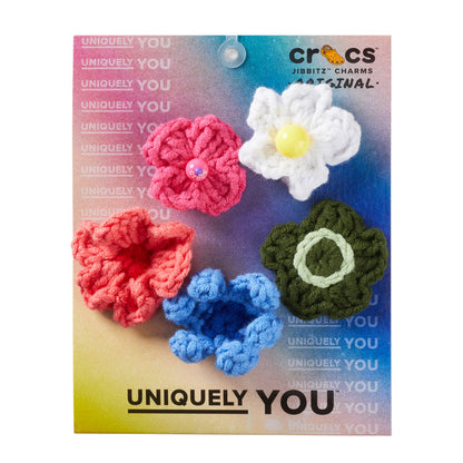 Crochet floral jibbitz charms set: pink, white, green, and blue flowers
