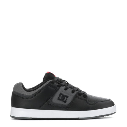 Men's black and grey sneakers with DC logo patch and lace-up design